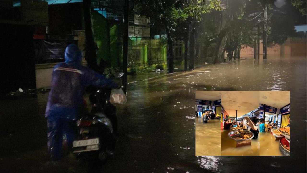 Banjir Duren Tiga Tak Halangi Pedagang Tahu Bulat Berjualan