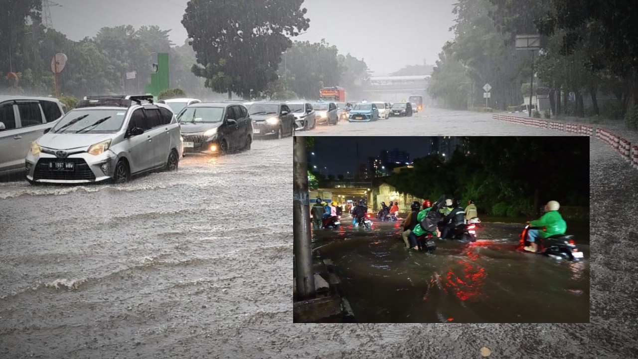Banjir di Cawang Bikin Jalan Macet dan Kendaraan Mogok